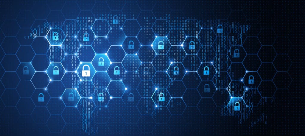 A digital illustration of a world map made of hexagons and binary code, with glowing padlock icons symbolizing cybersecurity and data protection across global networks. The color scheme is blue and black.