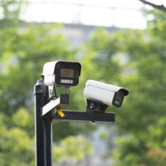 Two security cameras mounted on a black pole, facing different directions, with green trees blurred in the background.