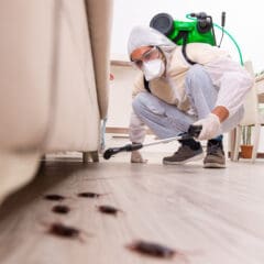 A pest control worker in protective gear sprays insecticide under a couch, targeting several cockroaches on the floor in a living room.