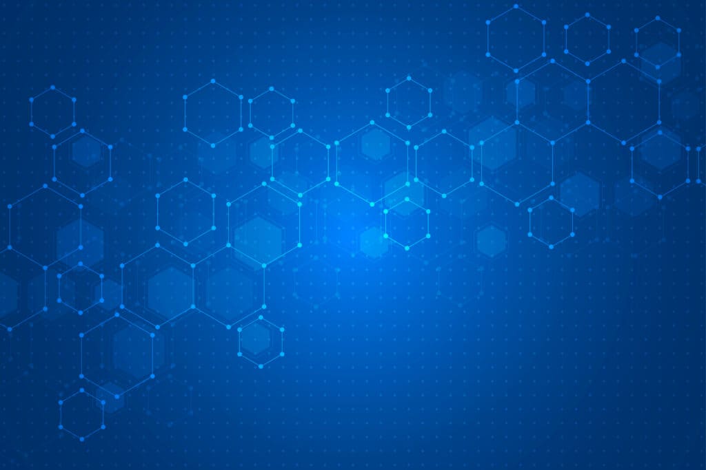 Blue digital background with interconnected hexagonal shapes and glowing points, creating a technology or science-themed abstract design. The pattern fades toward the edges on a dark blue gradient backdrop.