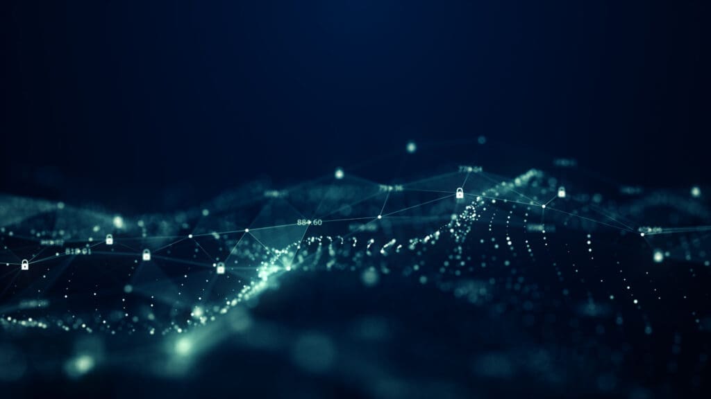 Abstract digital landscape with interconnected points, lines, and nodes forming a network. Glowing dots and lock icons are visible on a dark blue background, representing data security and technological connectivity.