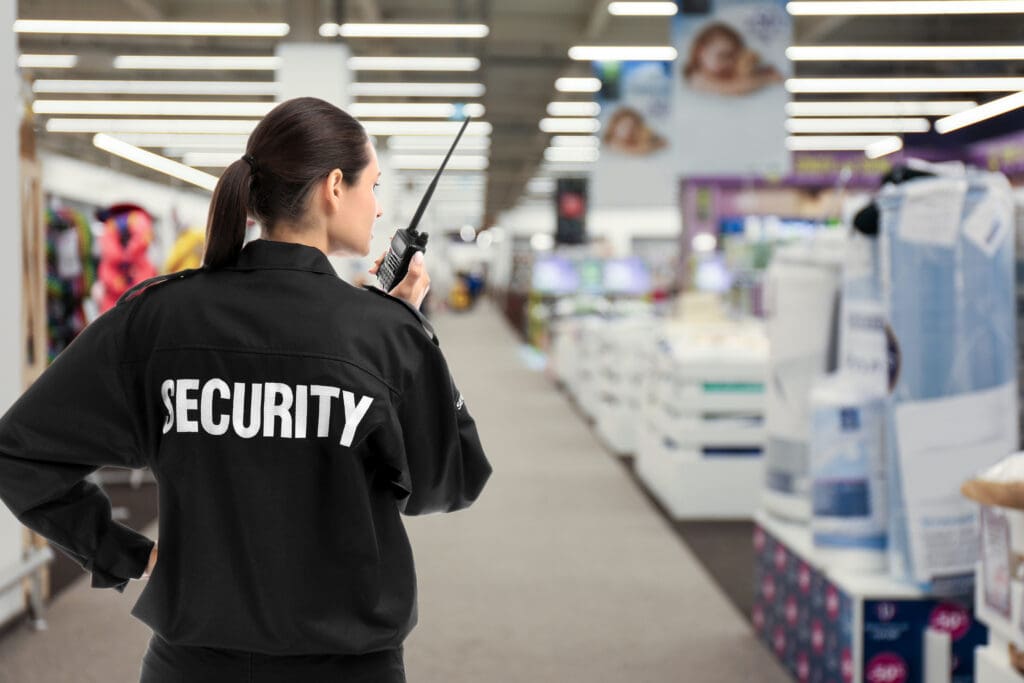 A security guard with a radio stands in a well-lit store aisle, wearing a black uniform with "SECURITY" written on the back, monitoring the area.